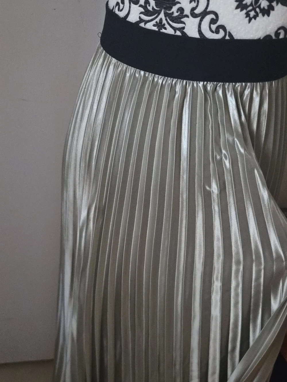Pleated Asymmetric  Metallic Olive Maxi Skirt with Black Waistband
